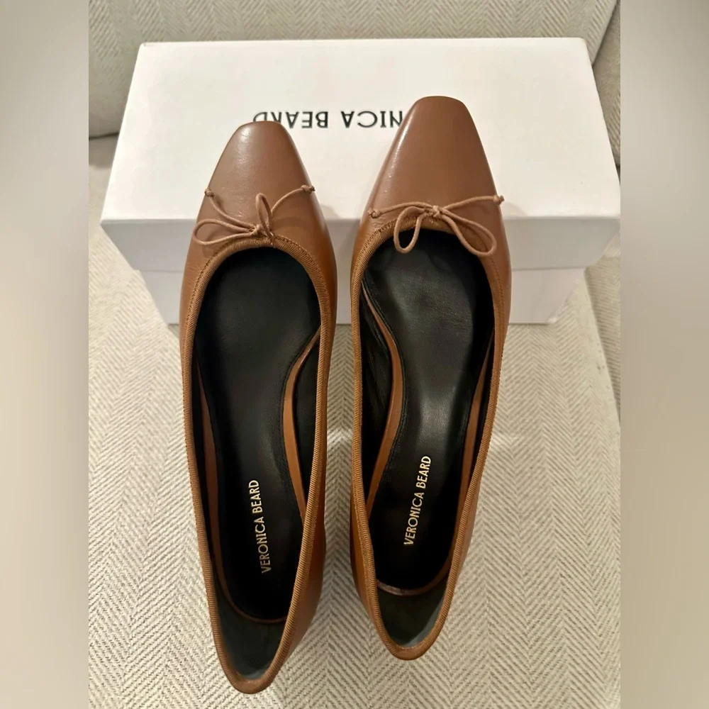 Veronica Beard Brown Square-Toe Leather Ballet Square Heel Low Pumps NWT - Picture 6 of 6